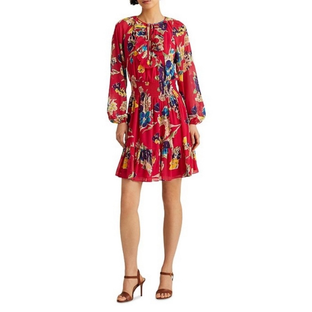 Lauren Ralph Lauren Floral Crinkle Georgette Tie V-Neck Long Sleeve Sz 8P Dress